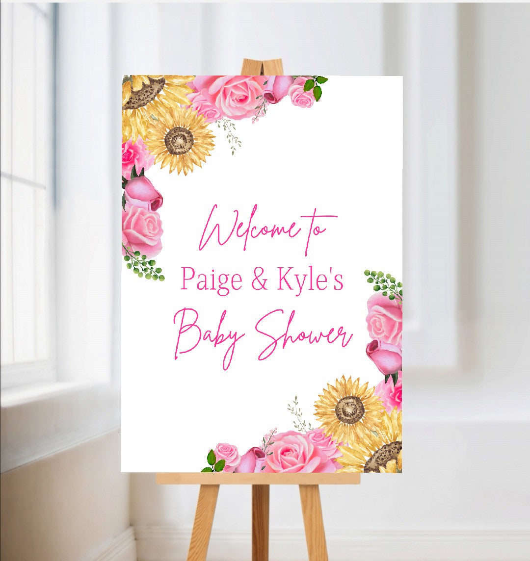 Personalised Floral Pink Yellow Sunflower & Roses Welcome Board Sign | Birthday Board | Christening Board | Baby Shower Board | Party Sign | A4, A3, A2