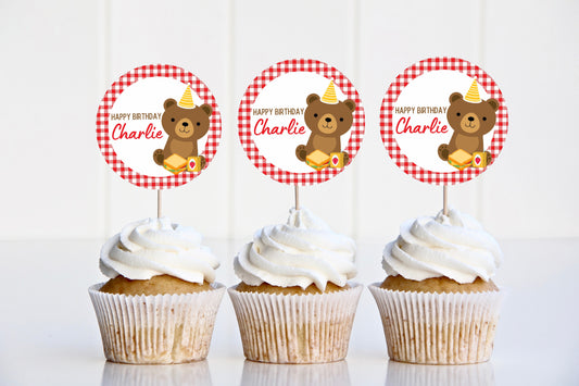 Red Teddy Bear Picnic Cupcake Toppers | Birthday Cupcake Toppers | Party Decorations