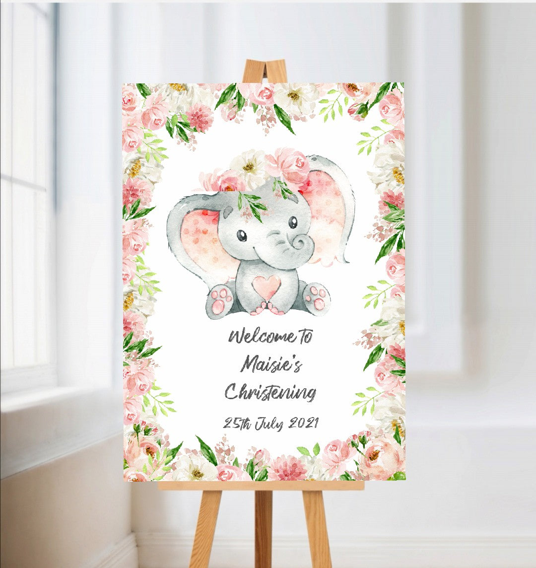 Floral Pink Elephant Welcome Board Sign | Personalised Christening Board | Personalised Birthday Board | Birthday Party Sign | Christening Sign | A4, A3, A2