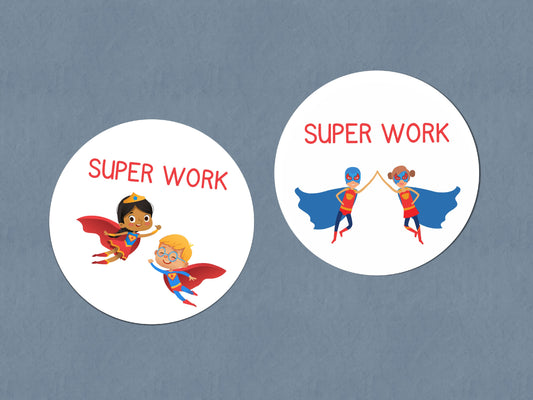 Teacher Stickers | Sticker Sheet 45mm Circles | Super Work | Superheroes | Circle Stickers | Sticker Sheet | Classroom Stickers