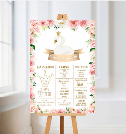 Swan Welcome Board Sign | Personalised Swan First Birthday Board | Birthday Party Sign | First Birthday Party Décor | Pink Swan Party Theme | A4, A3, A2