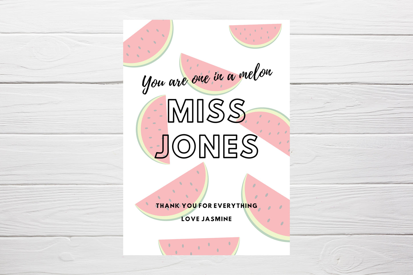 Personalised Teacher Card | You Are One In A Melon | Thank You Teacher Card | Design 1