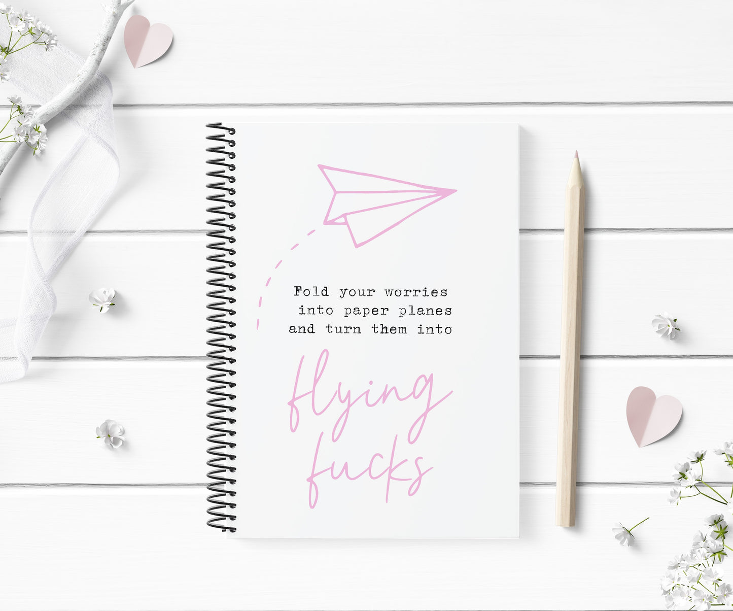 Funny Notebook | Fold Your Worries Into Paper Planes And Turn Them Into Flying Fucks | Pink Grey Notebook Gift
