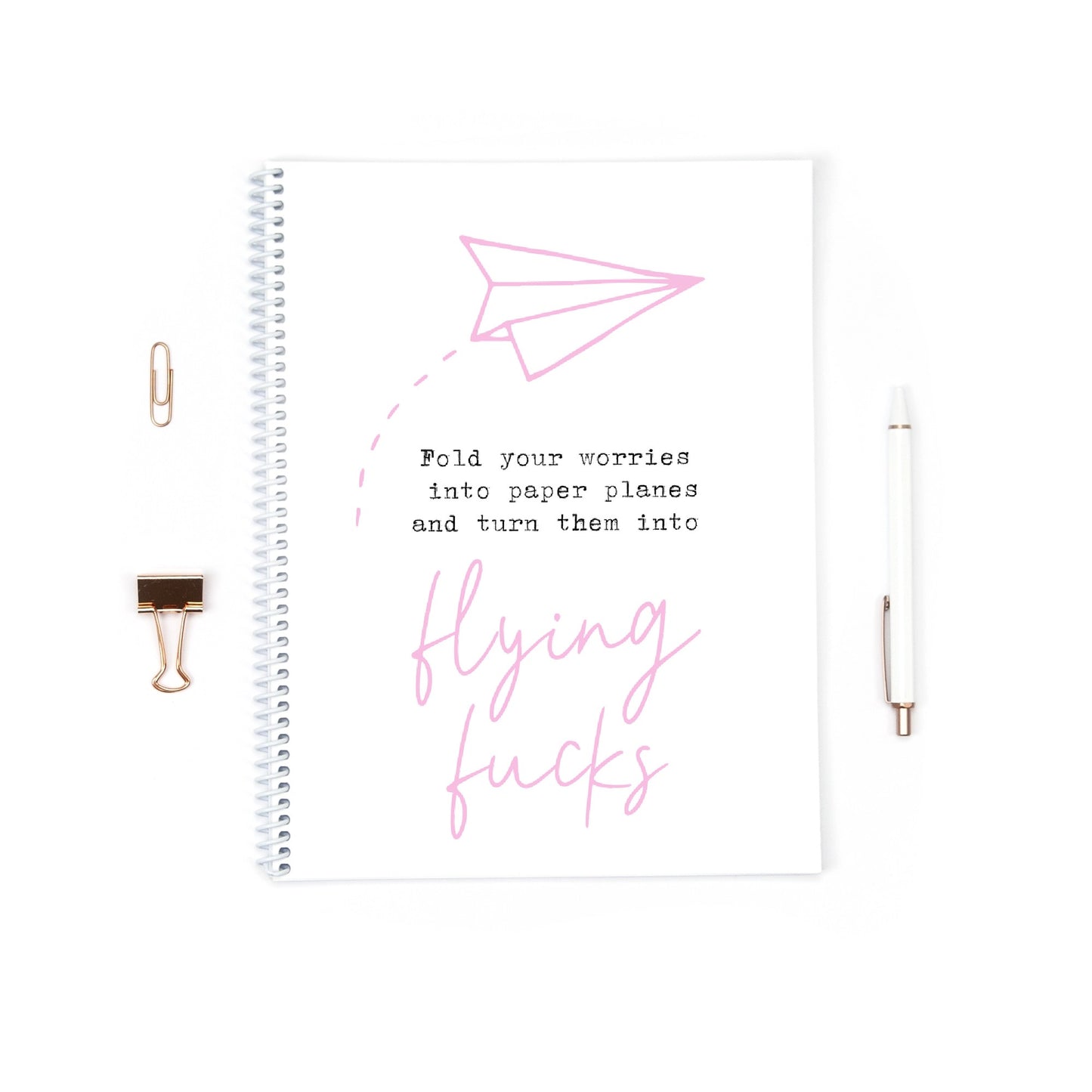 Funny Notebook | Fold Your Worries Into Paper Planes And Turn Them Into Flying Fucks | Pink Grey Notebook Gift