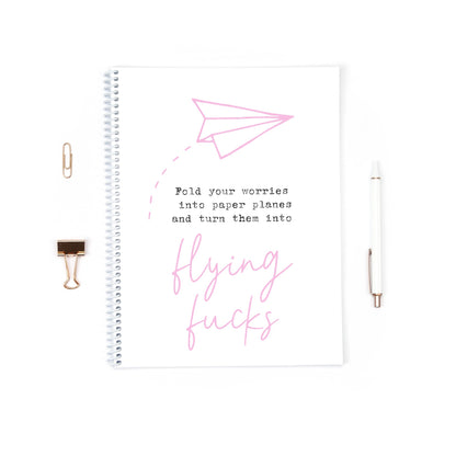 Funny Notebook | Fold Your Worries Into Paper Planes And Turn Them Into Flying Fucks | Pink Grey Notebook Gift