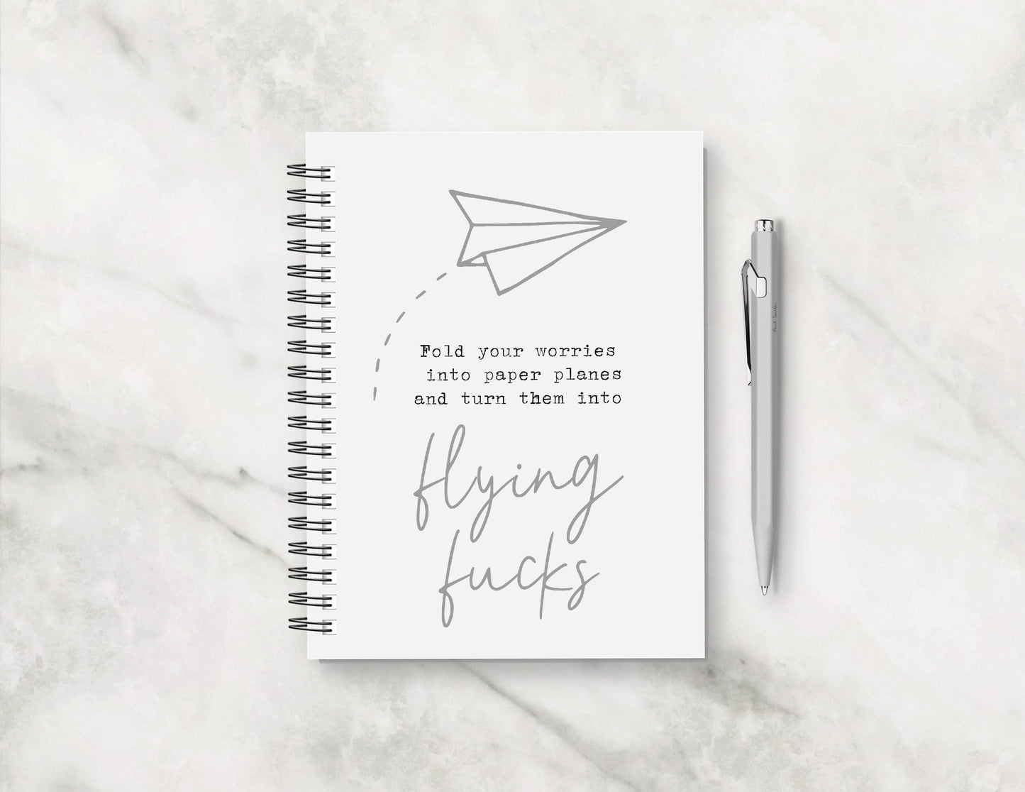 Funny Notebook | Fold Your Worries Into Paper Planes And Turn Them Into Flying Fucks | Pink Grey Notebook Gift