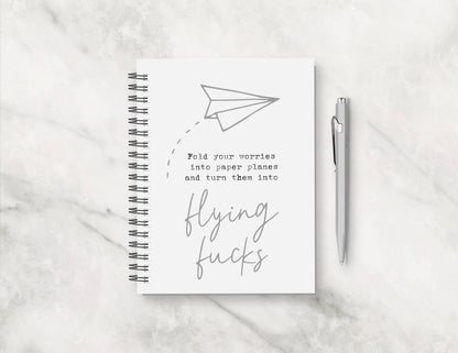 Funny Notebook | Fold Your Worries Into Paper Planes And Turn Them Into Flying Fucks | Pink Grey Notebook Gift