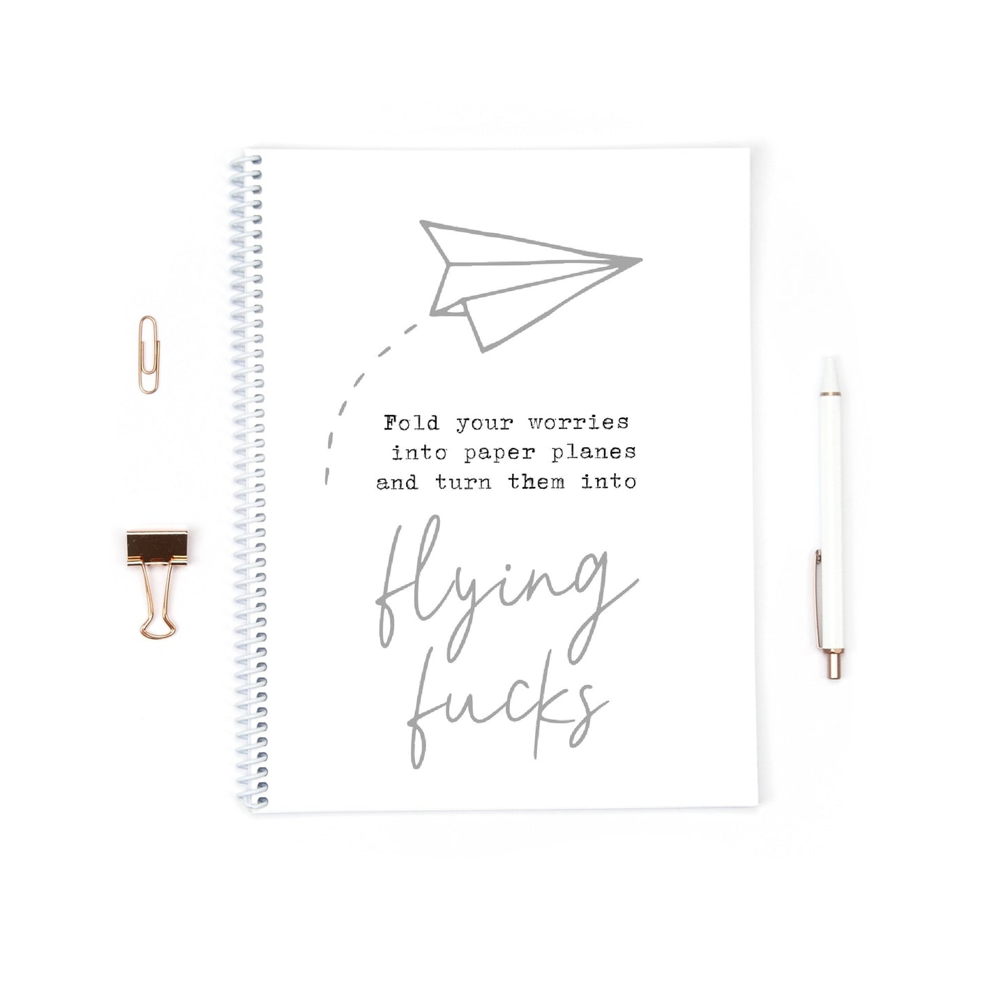 Funny Notebook | Fold Your Worries Into Paper Planes And Turn Them Into Flying Fucks | Pink Grey Notebook Gift