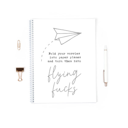 Funny Notebook | Fold Your Worries Into Paper Planes And Turn Them Into Flying Fucks | Pink Grey Notebook Gift