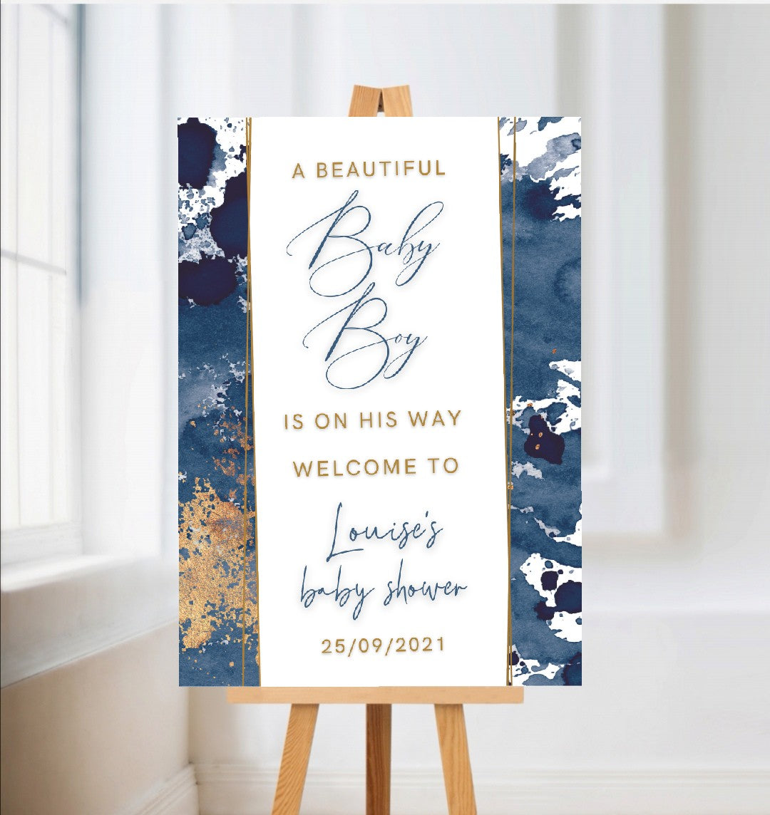 Personalised Navy Blue & Gold Welcome Board Sign | Baby Shower Board | Christening Board | Baby Shower Sign | Party Sign | A4, A3, A2