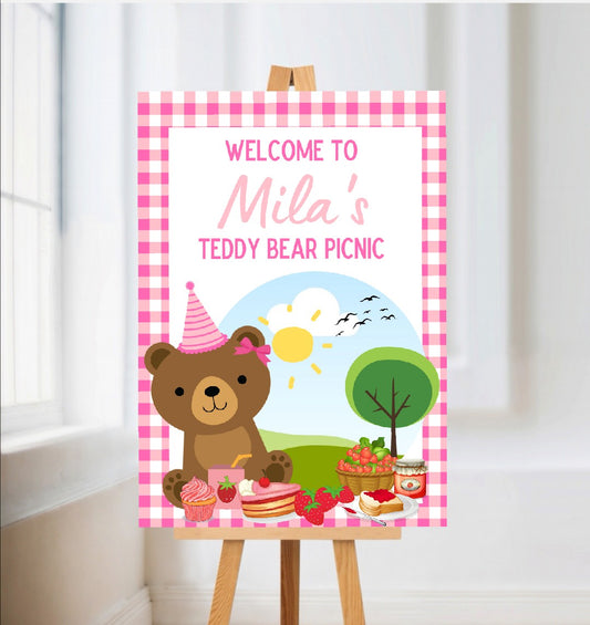 Pink Teddy Bear Picnic Welcome Board Sign | Personalised Birthday Board | Birthday Party Sign | A4, A3, A2