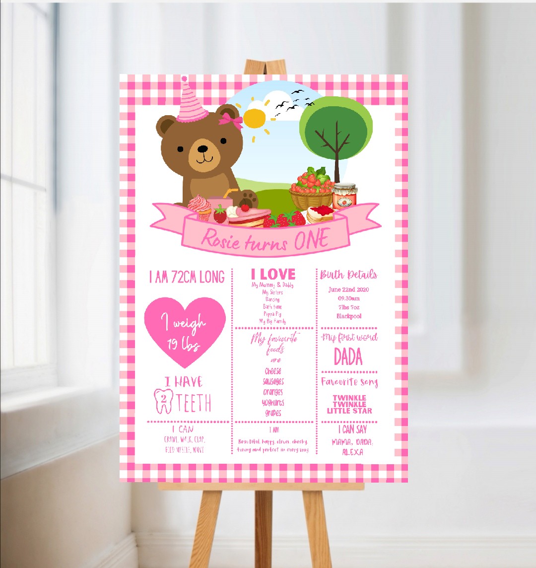 Pink Teddy Bear Welcome Board Sign | Personalised First Birthday Board | Birthday Party Sign | First Birthday Party Décor | Pink Teddy Bear Party Theme | A4, A3, A2