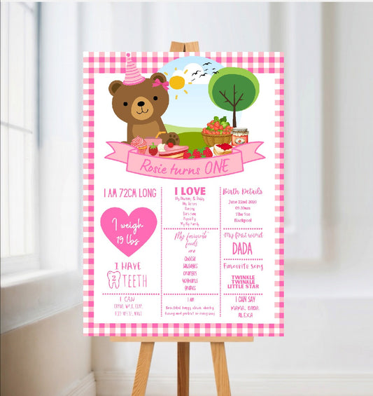 Pink Teddy Bear Welcome Board Sign | Personalised First Birthday Board | Birthday Party Sign | First Birthday Party Décor | Pink Teddy Bear Party Theme | A4, A3, A2
