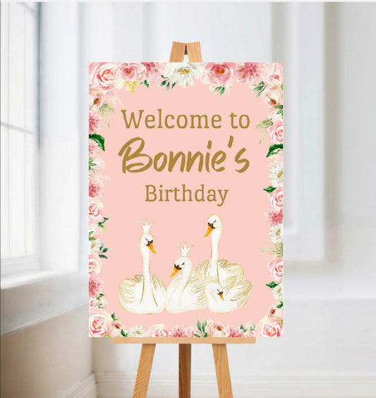 Swan Welcome Board Sign | Personalised Swan  Birthday Board | Birthday Party Sign | Party Décor | Pink Swan Party Theme | A4, A3, A2