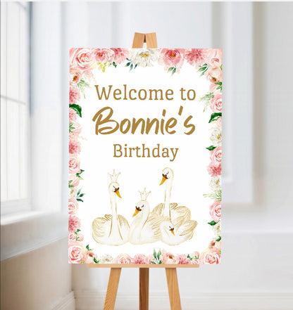 Swan Welcome Board Sign | Personalised Swan  Birthday Board | Birthday Party Sign | Party Décor | Pink Swan Party Theme | A4, A3, A2