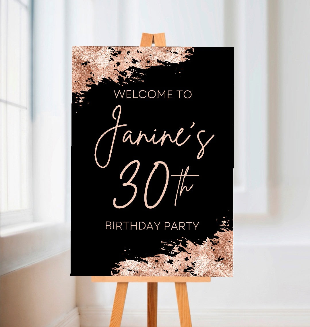 Black & Rose Gold Welcome Board Sign | Personalised Birthday Board | Birthday Party Sign | A4, A3, A2