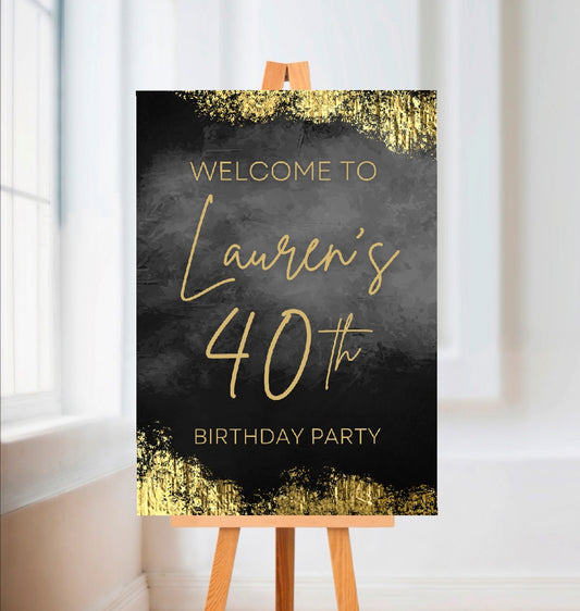 Black & Gold Welcome Board Sign | Personalised Birthday Board | Birthday Party Sign | A4, A3, A2