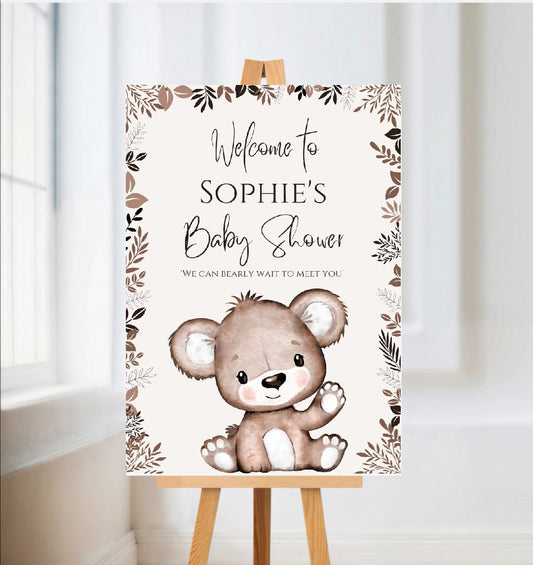 Brown Beige Neutral Teddy Bear Welcome Board Sign | Personalised Baby Shower, Birthday Party Board | Party Sign | A4, A3, A2