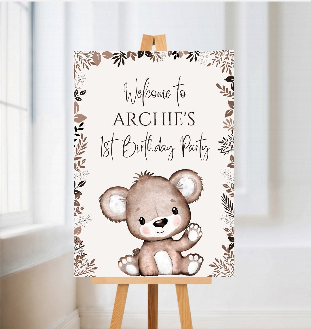 Brown Beige Neutral Teddy Bear Welcome Board Sign | Personalised Baby Shower, Birthday Party Board | Party Sign | A4, A3, A2
