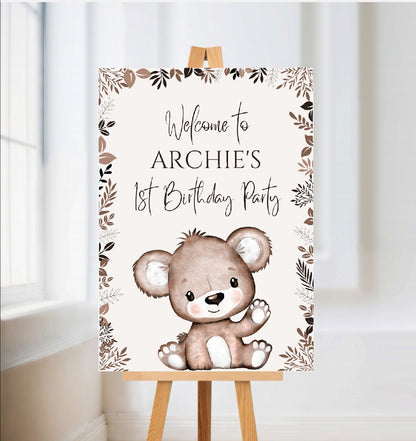 Brown Beige Neutral Teddy Bear Welcome Board Sign | Personalised Baby Shower, Birthday Party Board | Party Sign | A4, A3, A2