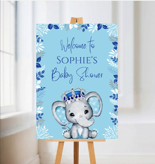 Blue Elephant Crown Welcome Board Sign | Personalised Baby Shower, Birthday Party Board | Party Sign | A4, A3, A2