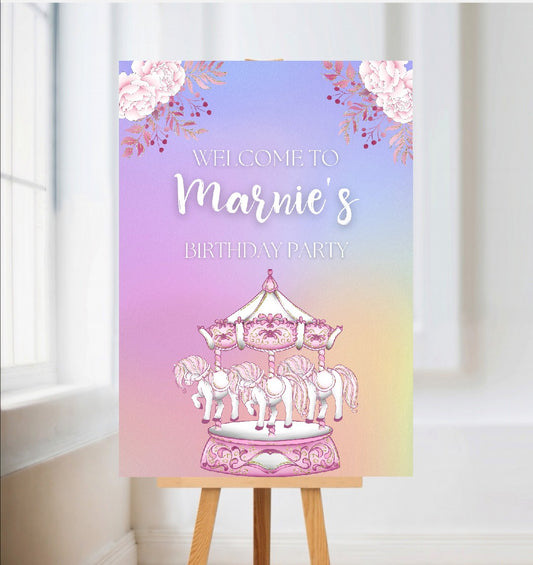 Carousel Horse Welcome Board Sign | Personalised Birthday Board | Birthday Party Sign | A4, A3, A2