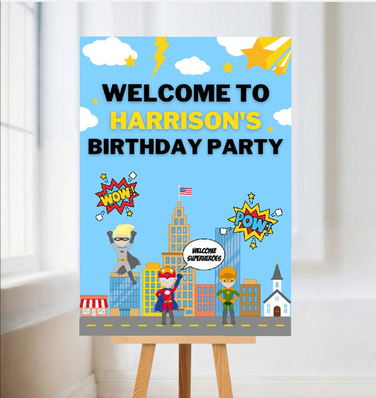 Superhero Welcome Board Sign | Personalised Superhero Birthday Party Board | Party Sign | A4, A3, A2