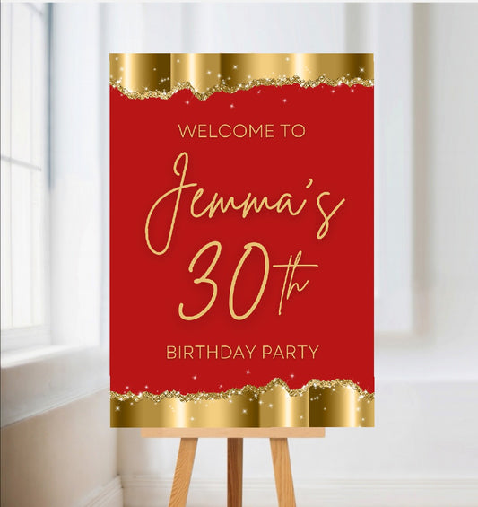 Red & Gold Welcome Board Sign | Personalised Birthday Board | Birthday Party Sign | A4, A3, A2