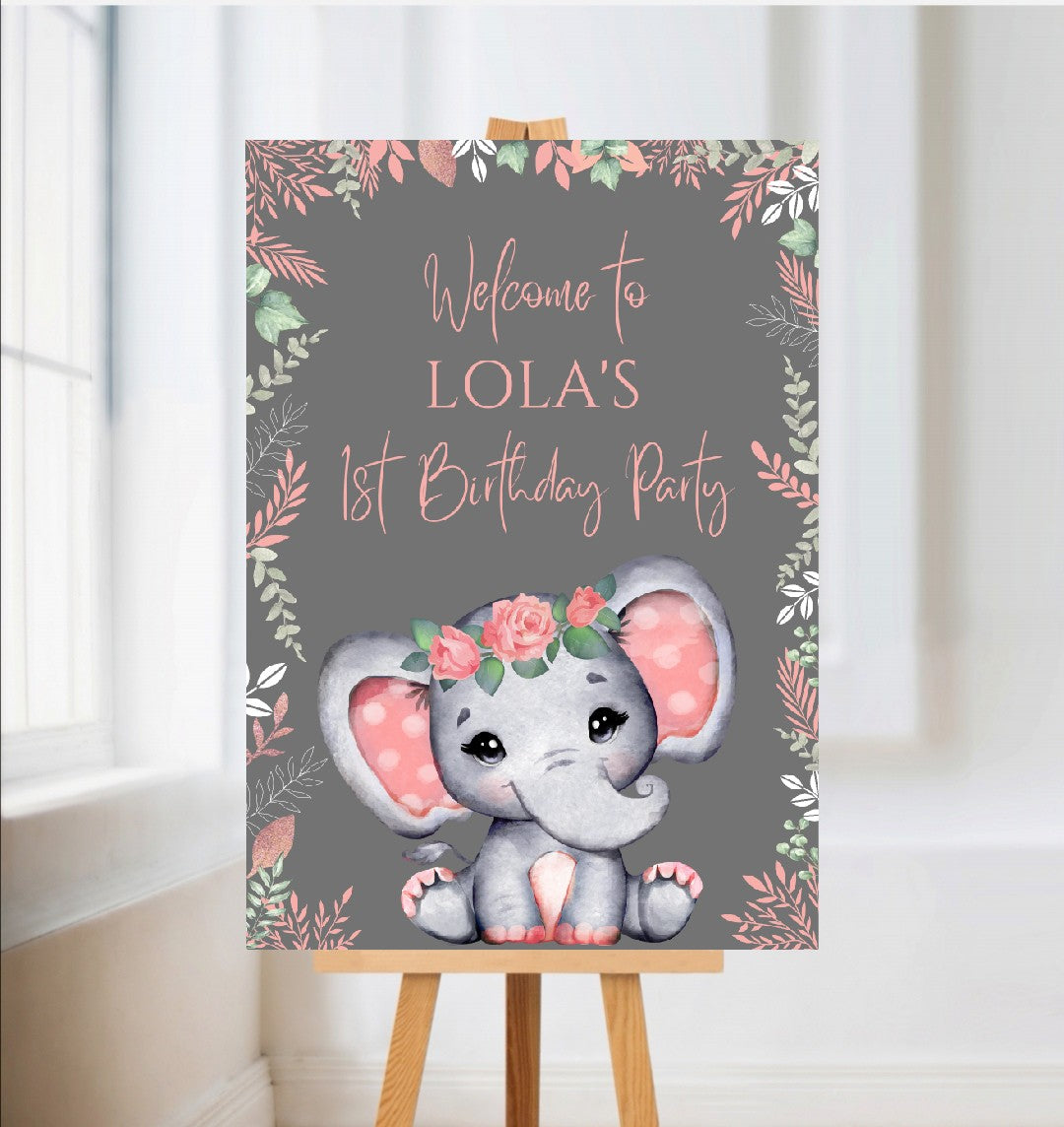 Coral Pink Elephant Welcome Board Sign | Personalised Baby Shower, Birthday Party Board | Party Sign | A4, A3, A2