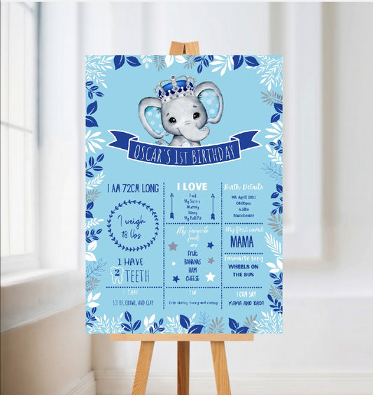 Personalised Blue Elephant Crown Welcome Board Sign | Elephant First Birthday Board | Birthday Party Sign | Blue Elephant Crown Party Theme | A4, A3, A2