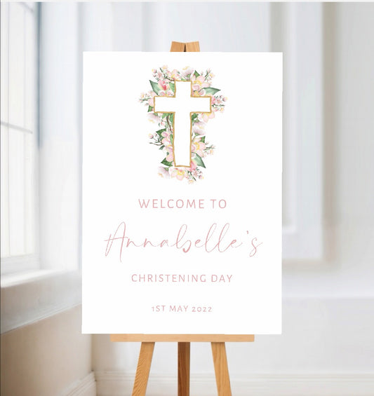 Christening, Baptism, Holy Communion Welcome Board Sign | Personalised Party Board | Baby Pink Floral Party Sign | A4, A3, A2