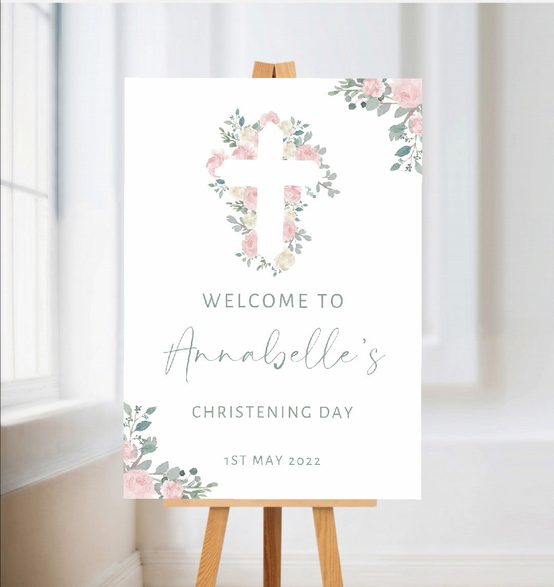 Christening, Baptism, Holy Communion Welcome Board Sign | Personalised Party Board | Pink Green Floral Party Sign | A4, A3, A2