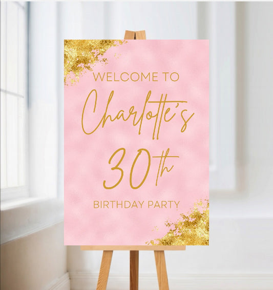 Baby Pink & Gold Welcome Board Sign | Personalised Birthday Board | Birthday Party Sign | A4, A3, A2