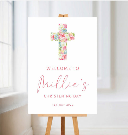Christening, Baptism, Holy Communion Welcome Board Sign | Personalised Party Board | Pink, Blue, White Floral Party Sign | A4, A3, A2