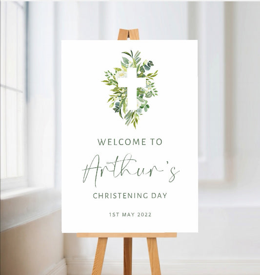 Christening, Baptism, Holy Communion Welcome Board Sign | Personalised Party Board | Green, Leafy, Eucalyptus Party Sign | A4, A3, A2