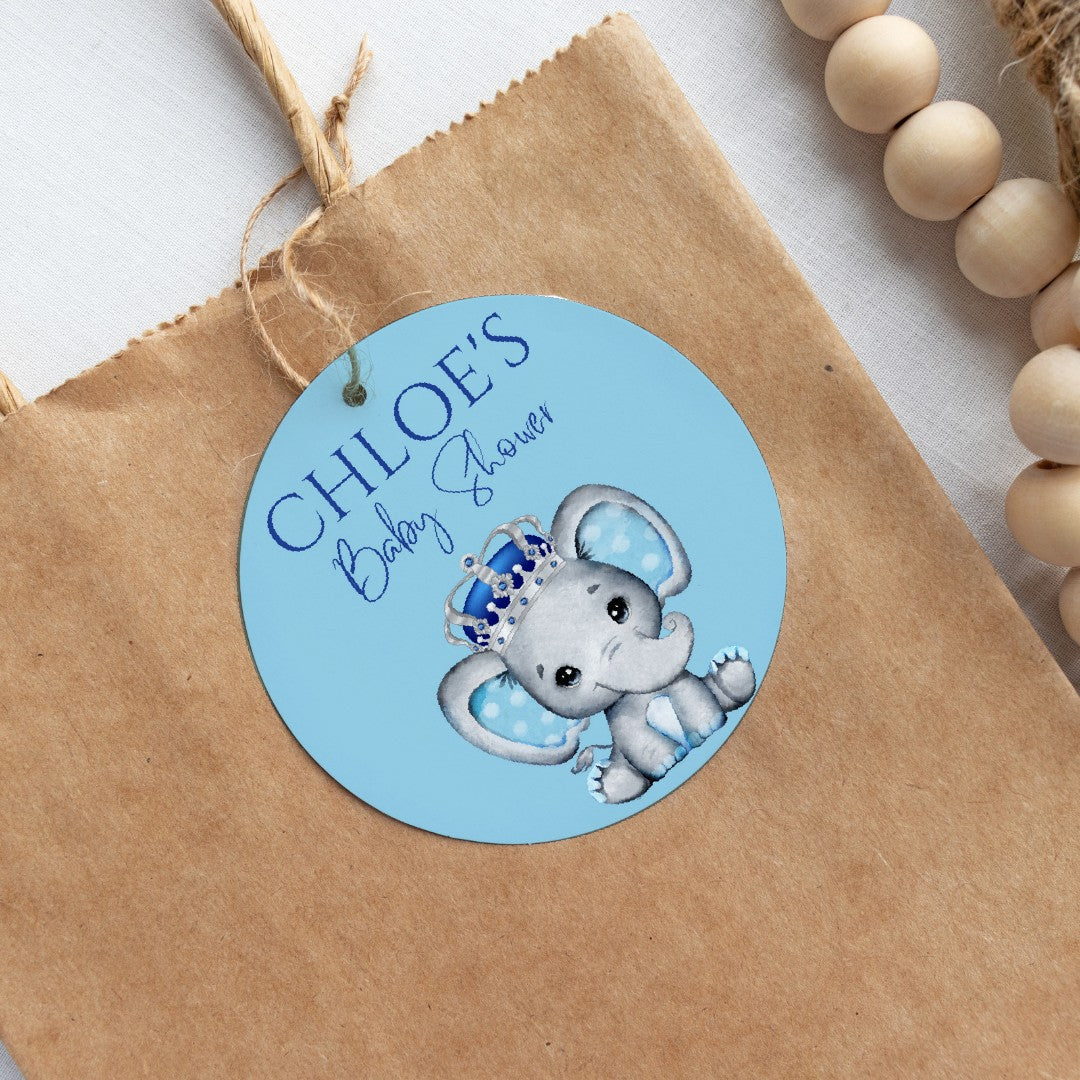 Blue Elephant Crown Gift Tags | Baby Shower, Birthday Gift Tags | Circle Gift Tags