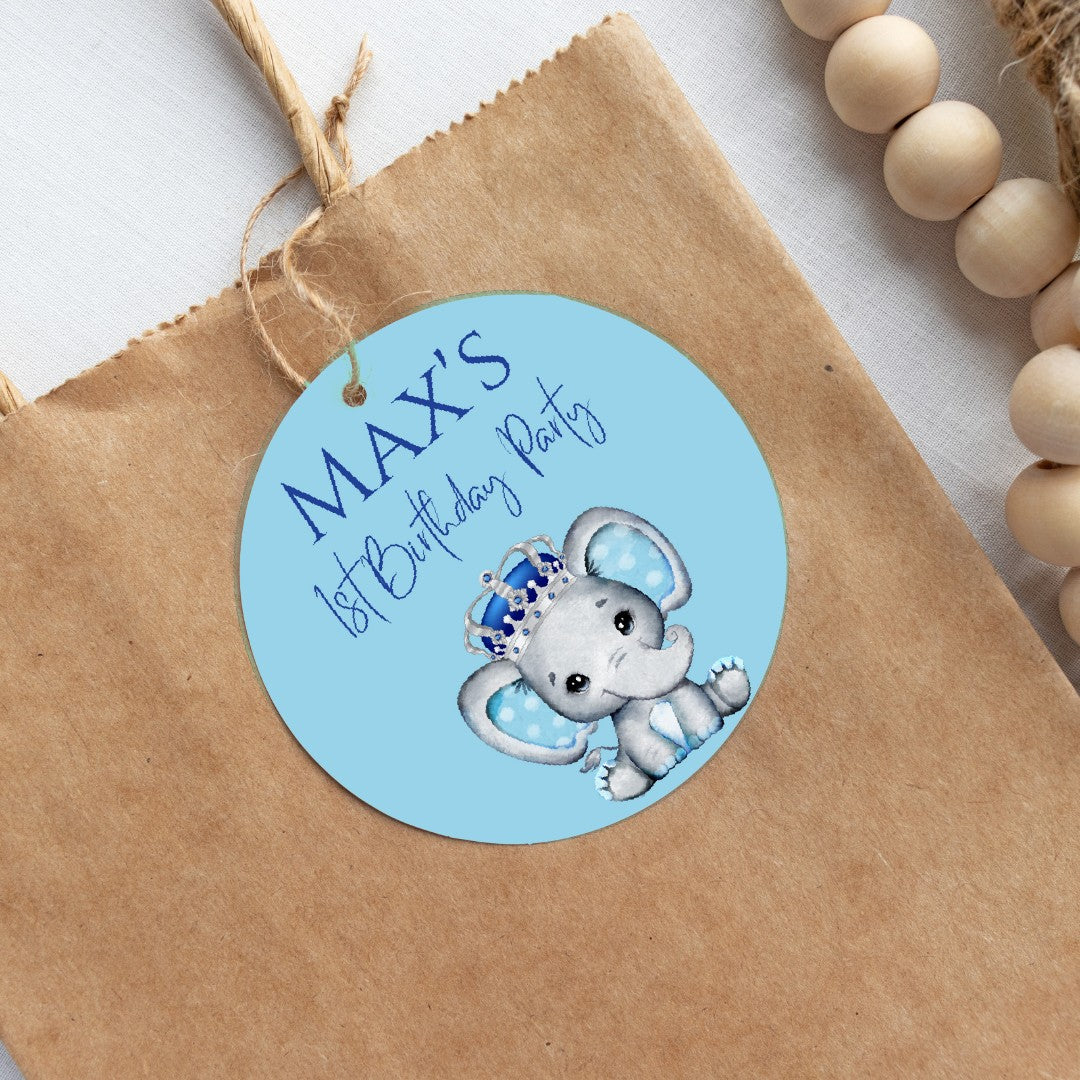 Blue Elephant Crown Gift Tags | Baby Shower, Birthday Gift Tags | Circle Gift Tags