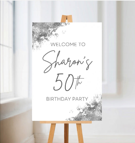 White & Silver Welcome Board Sign | Personalised Birthday Board | Birthday Party Sign | A4, A3, A2