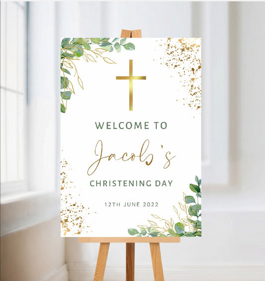 Christening, Baptism, Holy Communion Welcome Board Sign | Personalised Party Board | Green, Gold, Leafy, Eucalyptus Party Sign | A4, A3, A2