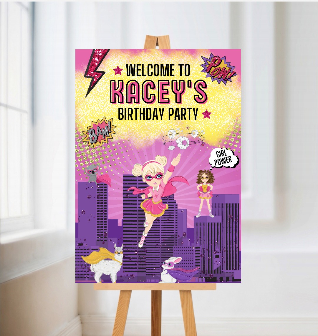 Superhero Welcome Board Sign | Personalised Superhero Supergirl Birthday Party Board | Party Sign | A4, A3, A2