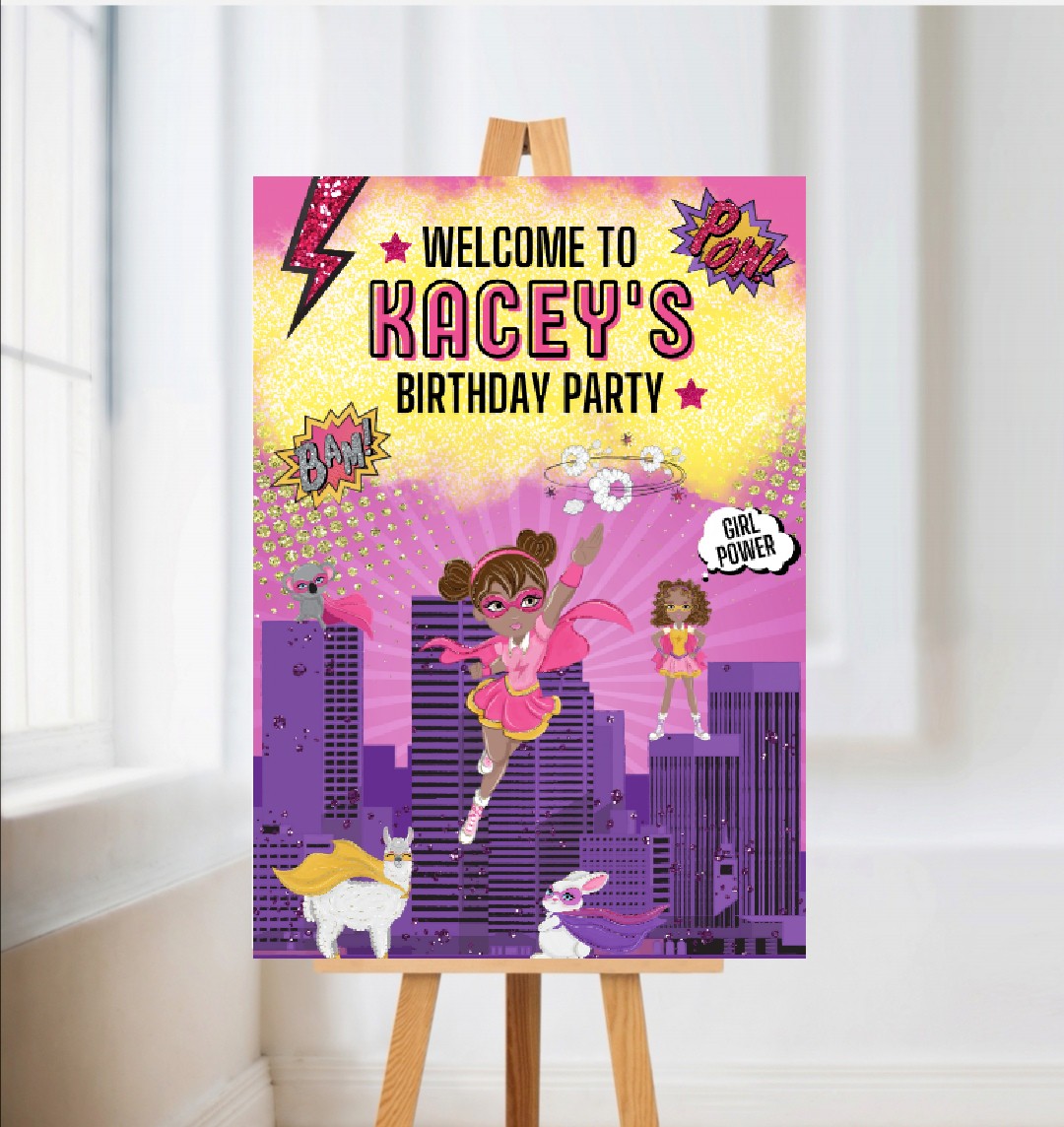 Superhero Welcome Board Sign | Personalised Superhero Supergirl Birthday Party Board | Party Sign | A4, A3, A2
