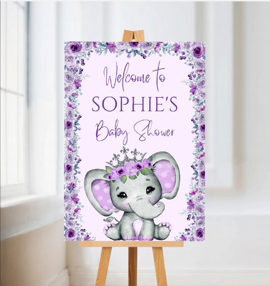 Purple Elephant Crown Welcome Board Sign | Personalised Baby Shower, Birthday Party Board | Party Sign | A4, A3, A2