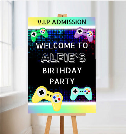 Gaming Welcome Board Sign | Personalised Gaming Birthday Party Board | Party Sign | A4, A3, A2 - Dinky Designs