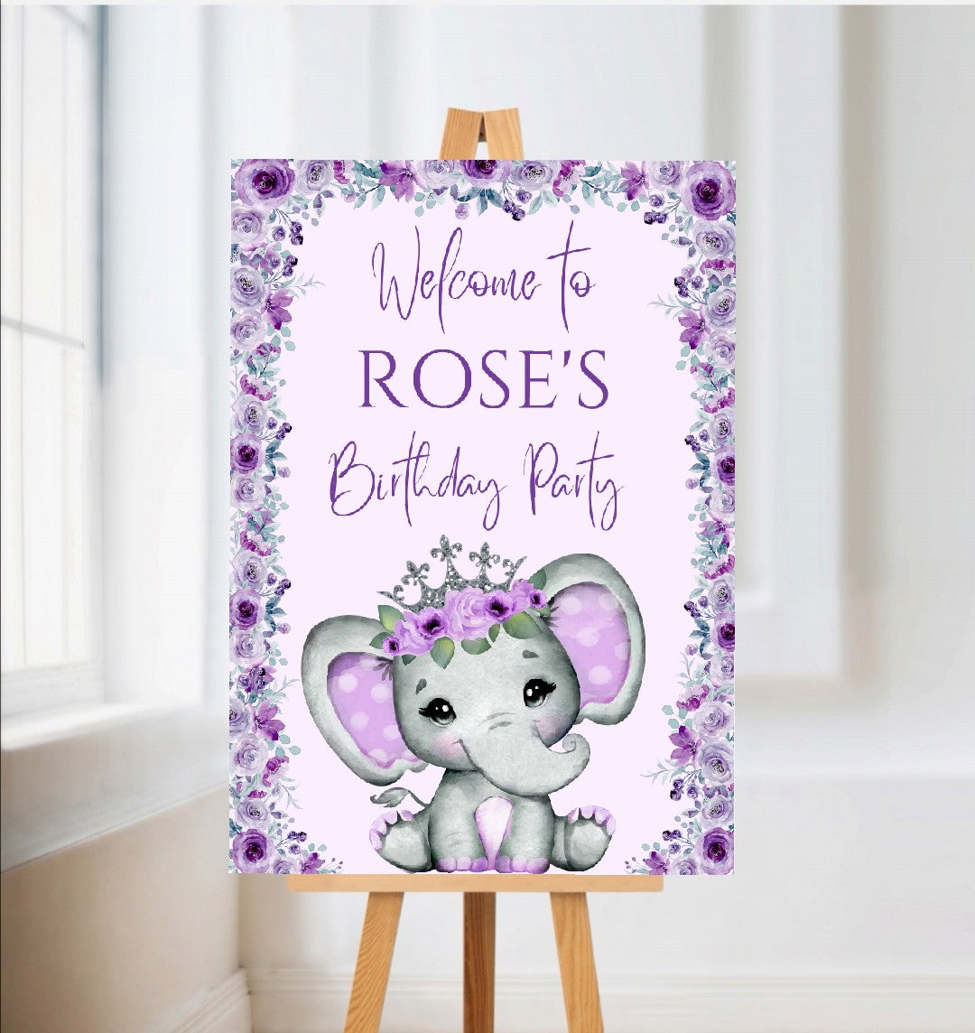 Purple Elephant Crown Welcome Board Sign | Personalised Baby Shower, Birthday Party Board | Party Sign | A4, A3, A2