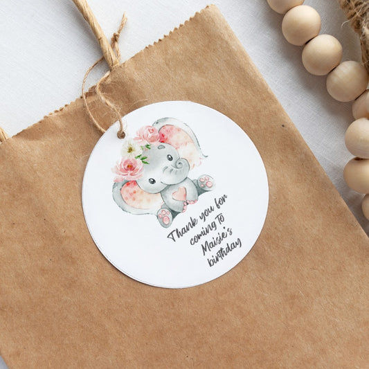 Floral Pink Elephant Gift Tags | Baby Shower, Birthday Gift Tags | Circle Gift Tags