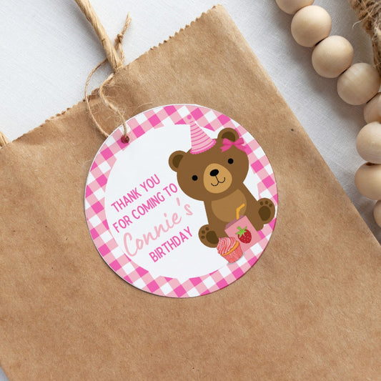 Pink Teddy Bear Picnic Gift Tags | Teddy Bear Birthday Gift Tags | Circle Gift Tags