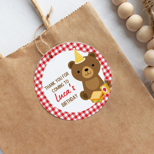 Red Teddy Bear Picnic Gift Tags | Teddy Bear Birthday Gift Tags | Circle Gift Tags
