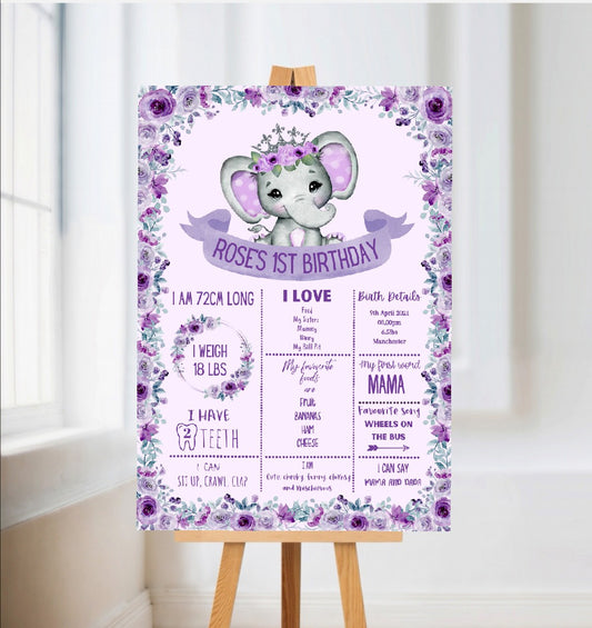 Purple Elephant Crown Welcome Board Sign | Personalised First Birthday Board | Birthday Party Sign | Purple Elephant Crown Party Theme