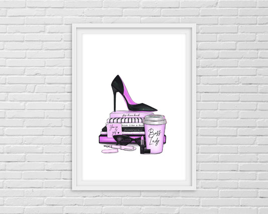 Fuchsia Pink Boss Lady Print | High Heel Shoe Print | Office Print
