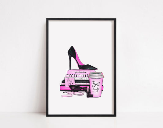 Bright Pink Boss Lady Print | High Heel Shoe Print | Office Print